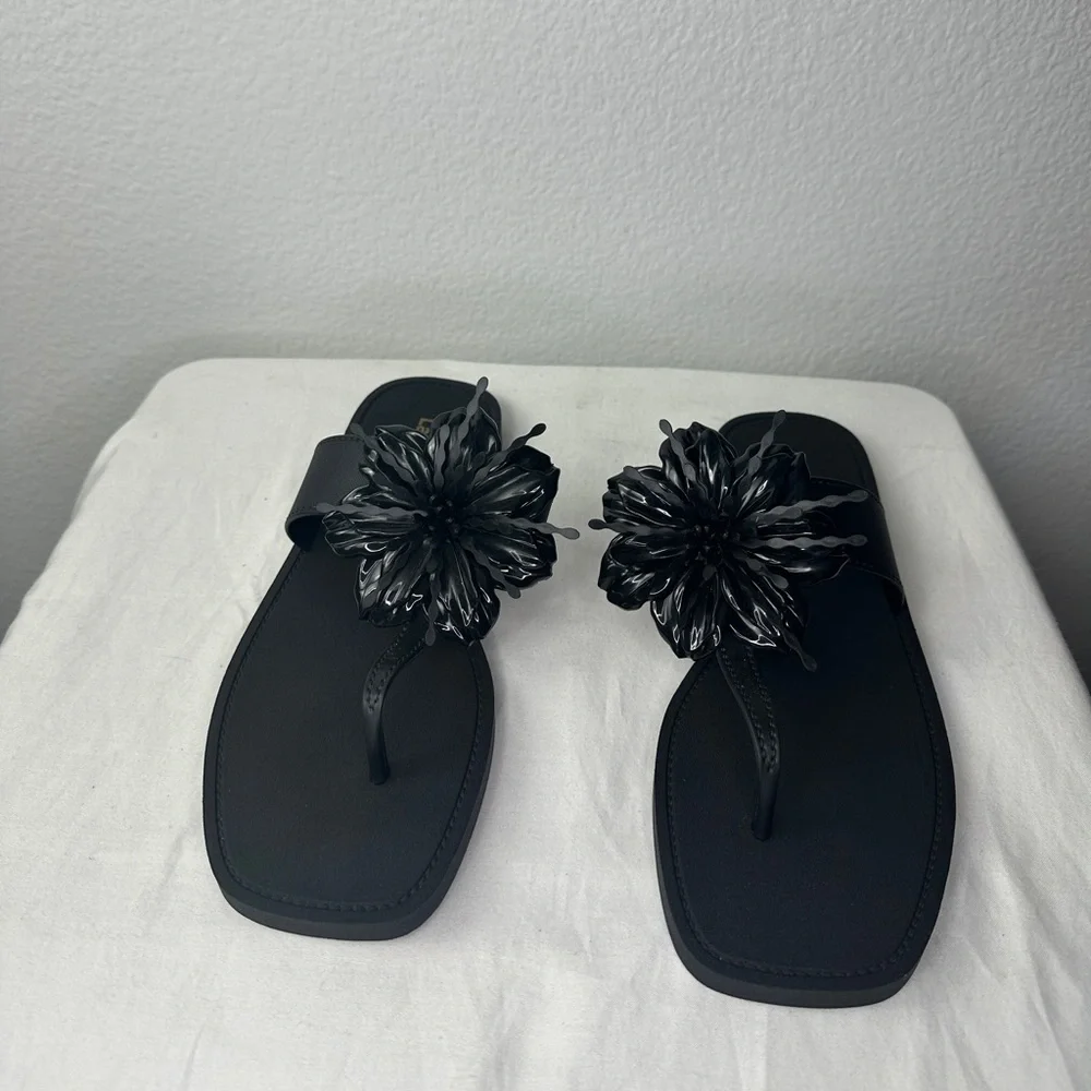 Larroude Black Hibiscus Jelly Flat Sandals Women’s Size 10 / 11 EUR 40/41 NWOT